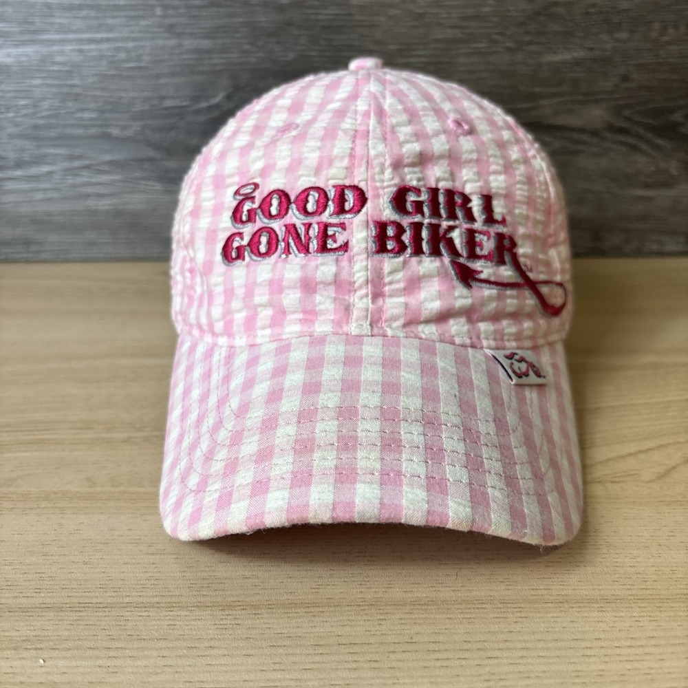 Good Girl Gone Biker Hat Cap Strap Back Pink White Checkered Embroidered Womens